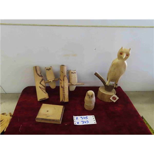 4 Wood Carvings of Owls Largest is 13'' Tall 