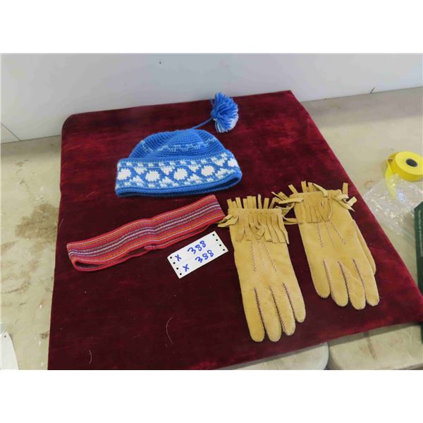 Knitted Touque, Sash, Leather Hide Gloves - All Hand Crafted 