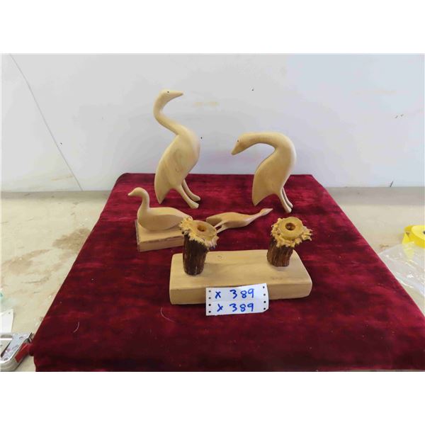 4 Wood Carved Birds Largest is 12'' , Cabin Candle Holder 