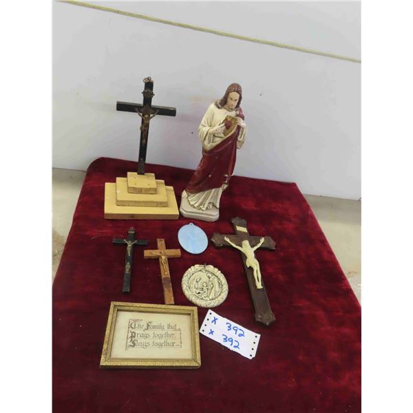 Religious Chalkware Jesus , Cross Displays , Framed Slogan 