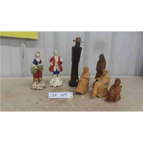 2 Porcelain Figures PR64 Germany 8'' Tall , 5 Carvings (4) Wood (1)