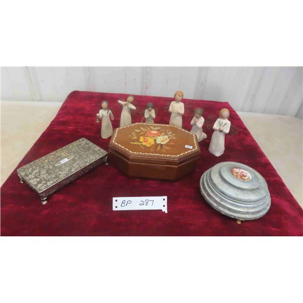 6 Willow Tree Dolls Tallest is 5 3/4'' , 2 Trinklet Boxes Very Old , 1 