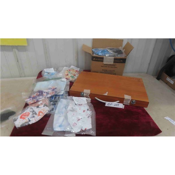 Wood Case Full of 70 Spools of Thread, 55 Cloth Face Masks Child and Adult 