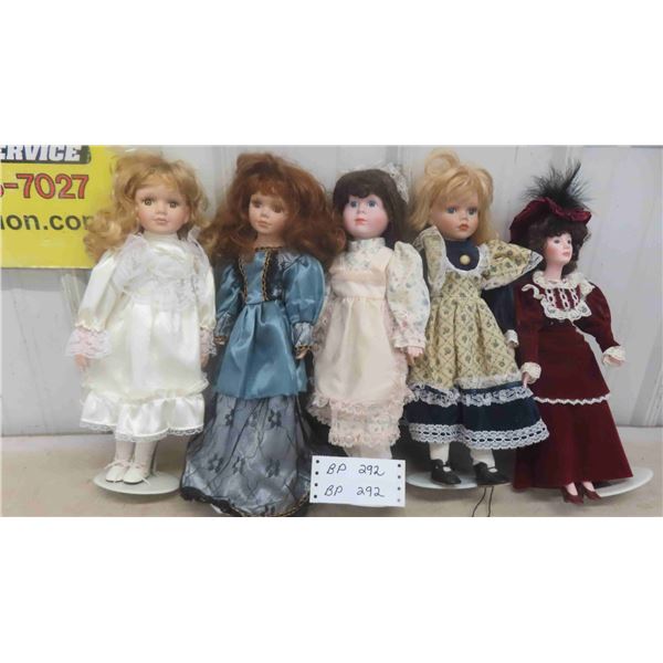 5 Porcelain Dolls with Stands - Tallest is 17'' 