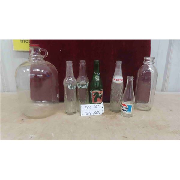Vintage Bottles: A & W Rootbeer , 7UP, Crush, Pepsi & a Milk Bottle