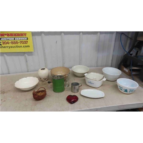 Corningware Casserole Dish, Vintage Sifter, Mixing Bowls & More 