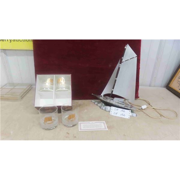 Ship Lamp 11'' x 4'' x 14 1/2'' (Needs Bulb) , 4 Glasses 100 Anniversary
