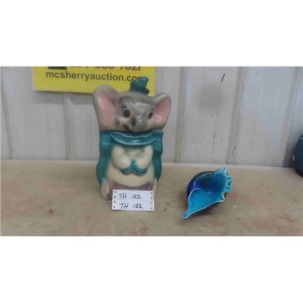 2 Faced Elephant Cookie Jar , Coloured Glass Sea Shell 