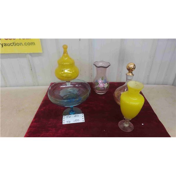 Art Glass: Empoli Yellow Covered Candy Dish , Decanter, Hand