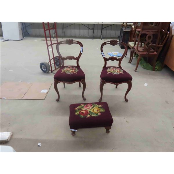 2 Petit Point Dining Room Chairs , Ottoman