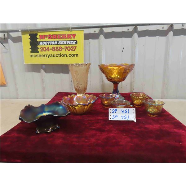 Carnival Glass Dishes: Center Piece, Vase, Bowls, Cups & Iris 