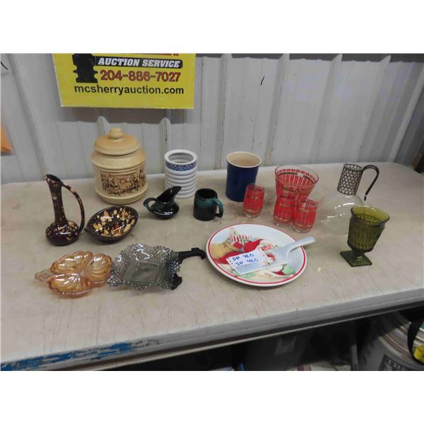Vintage Glassware: Carnival Platter, Ashtray, Cookie Jar, Cake Server, 