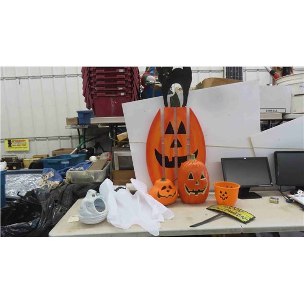 Happy Halloween Sign , Pumpkin Blow Mold 17'' Tall , Hanging Ghost & More 