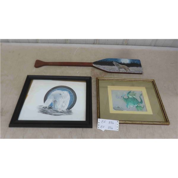 2 Framed Pictures (Larger is 16'' x 13'') , Wolf Painted on Wood Paddle