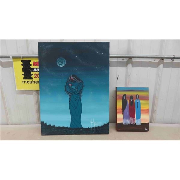 2 Indigenous Oil Paintings on Canvas 18'' x 24'' & 9'' x 12'' 