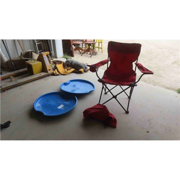 2 Plastic Snow Flying Saucers, Portable Lawn Chair with Carry Bag