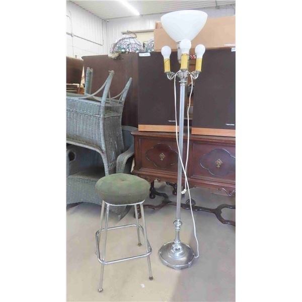 Vintage Chrome Floor Lamp with Glass Shade , Stool 25'' Seat Height 