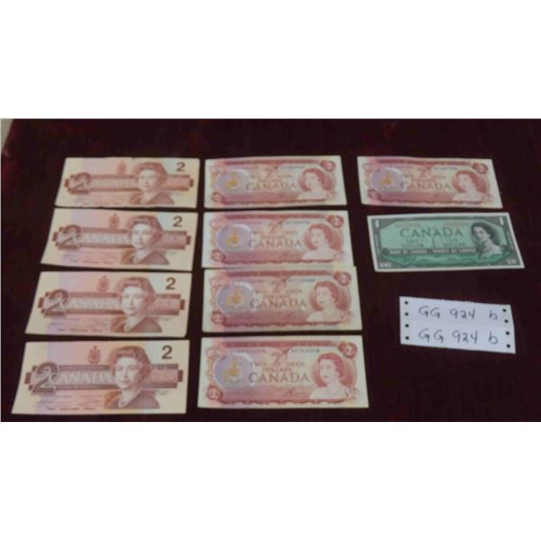 10 Canadian Bills : (9) $2 Bills (1) $1 Bill 