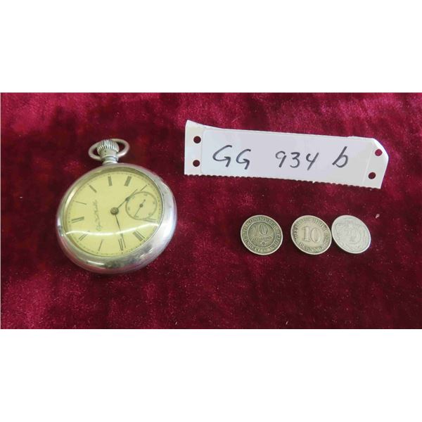 Vintage Pocket Watch , 3 Foreign Coins 