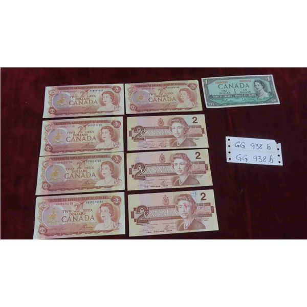9 Canadian Bills: (8) $2 Bills (1) $1 Bill