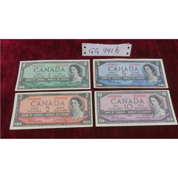 (4) 1954 Canadian Bills $1 , $2 , $5 , $10 