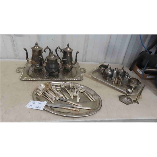 Silver Plated (3) Tea Pots, (2) Cream/Sugar Sets, Cutlery Trays, Candlestick & Vase
