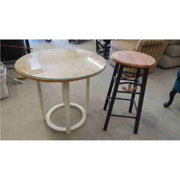 Round Metal Stand with Glass Top 24'' W x 22 1/2'' H  and Stool 23 1/2'' T