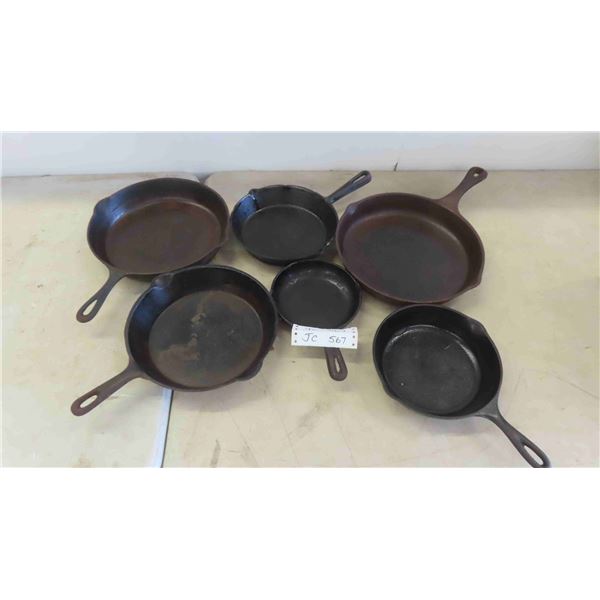 6 Cast Iron Frying Pans 11 1/2'' , 11'' , 10'' , 8 1/2'' , 8'' & 6'' 
