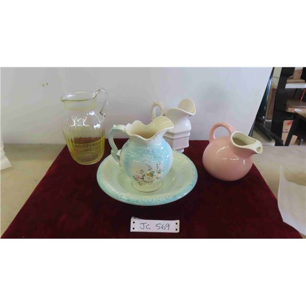 Jug and Basin , 3 Glass Pitchers 