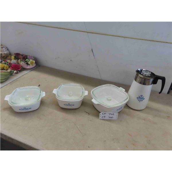 4 Corningware Pieces: 3 Casserole with Lids, Coffee 