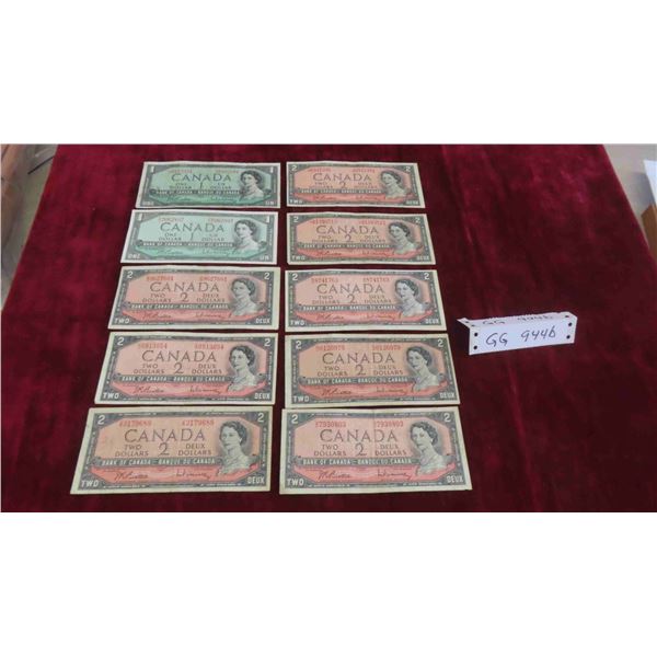 (10) 1954 Canadian Bills : (8) $2 Bills , (2) $1 Bills 