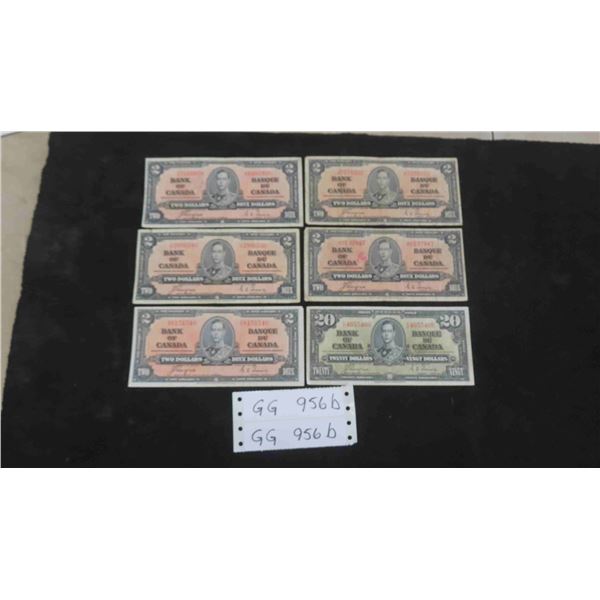 (6) 1937 Canadian Bills : (5) $2 Bills , (1) $20 Bill 
