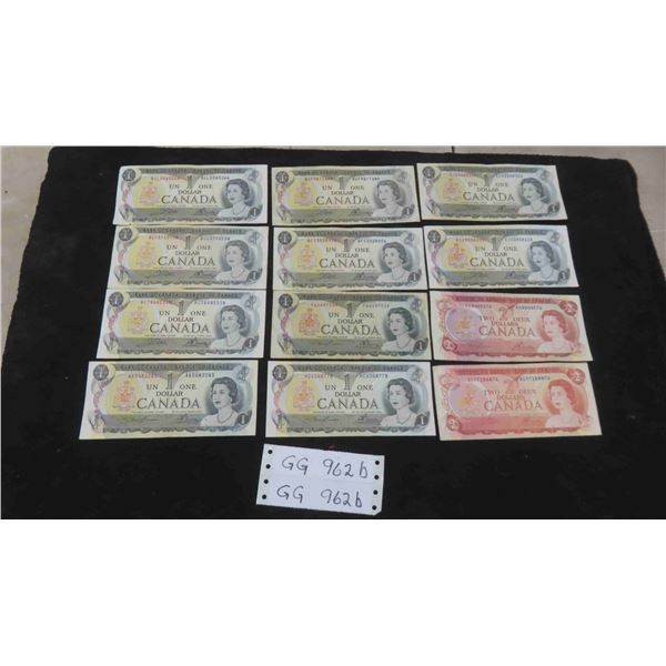 (12) Canadian Bills 1973/74 : (2) $2 Bills , (10) $1 Bills