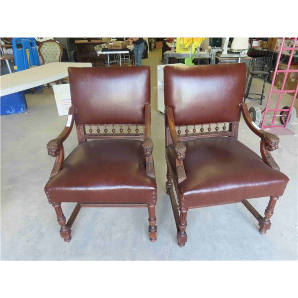 2 Gorgeous Peg and Ball Lion Head Leather 1/4 Cut Oak Arm Chairs 