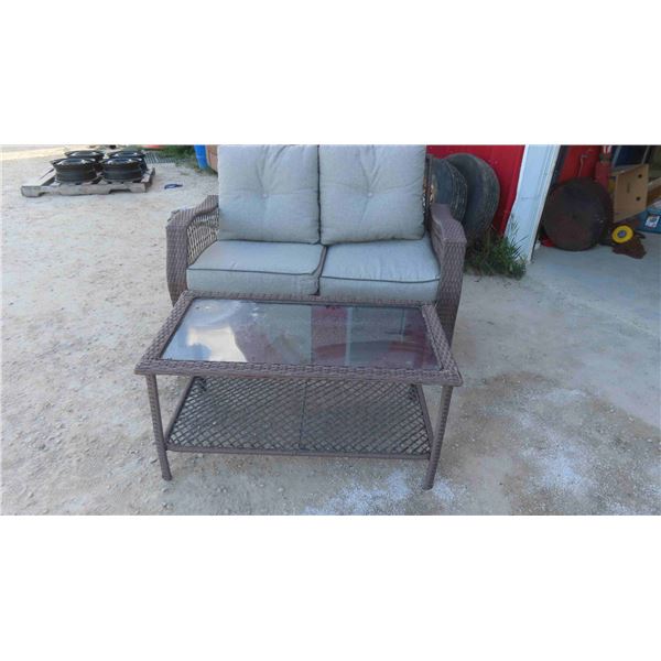 Patio Set : Coffee Table with Glass Top , Love Seat with Cushions 