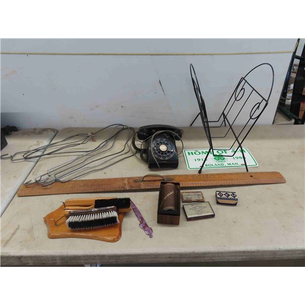 Vintage Yard Stick, Desk Phone , Sock Forms, Magazine Rack & More 