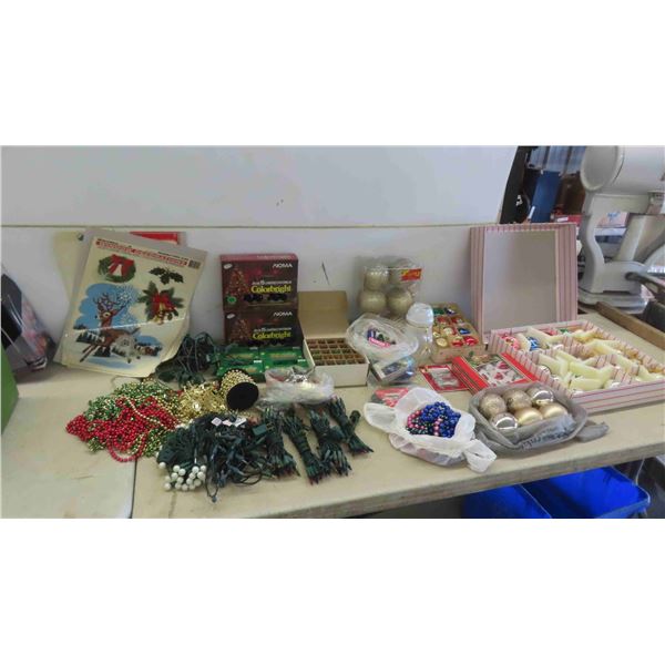 Christmas Decorations , Beads , Lights , Window Decals , Some Vintage 