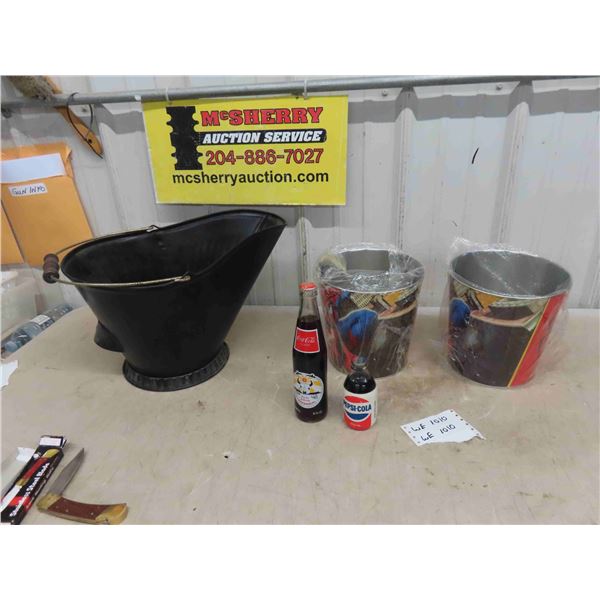 Coal Pail , 2 Spiderman Ice Buckets , Pepsi and Coke Bottle 