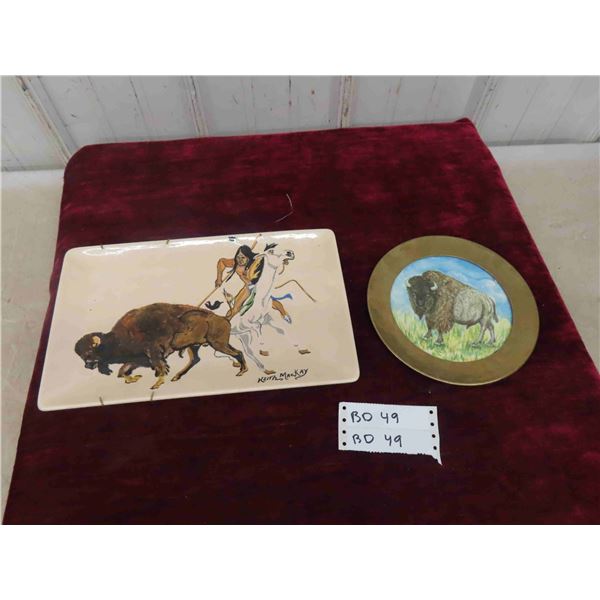 First Nations Art Pottery Platter by Keith MacKay (Hunting Buffalo) 13 1/2'' x 8 1/2'' 