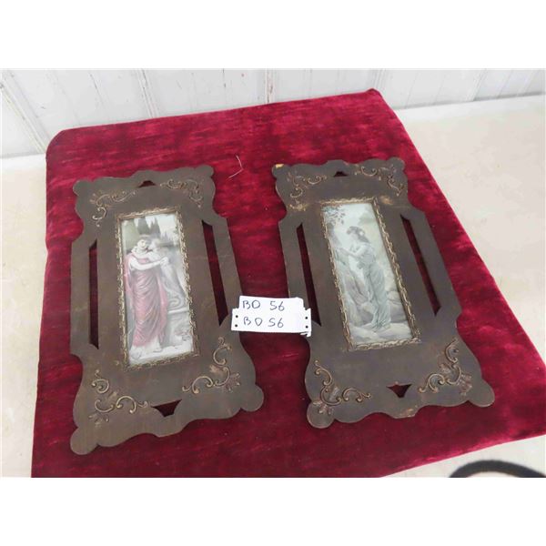Pair of Antique Art Nouveau Very Intricate Wood Picture Frames with Original Art Nouveau Prints