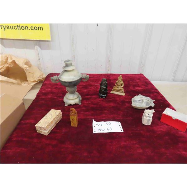 Vintage Oriental Carved Stone Lot : 2 Seals , Carved Dish , Carved Stone God ,