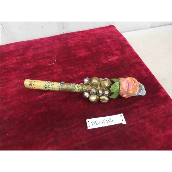 Vintage Rock Bar Shrunken Head , Copper Wrapped Wood Handle with Bells 