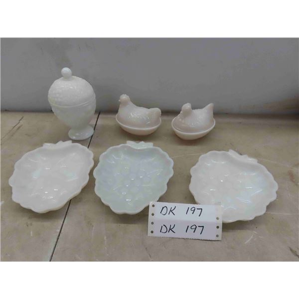 2 Miniature Milk Glass Chicken Dishes , 5 Other Pieces 