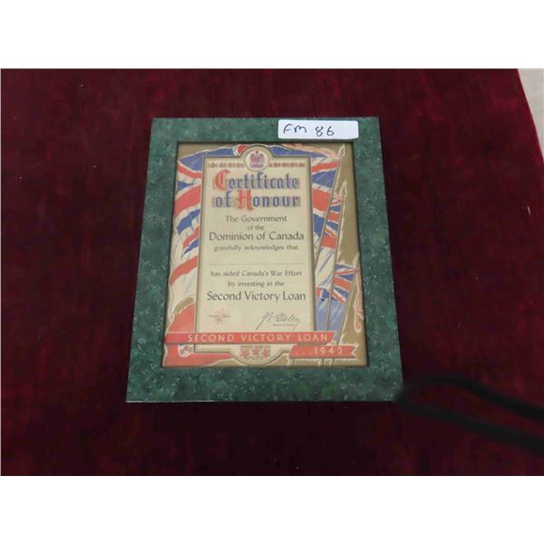 Framed 1942 Certificate of Honor ''Second Victory War Loan'' 10'' x 12'' 