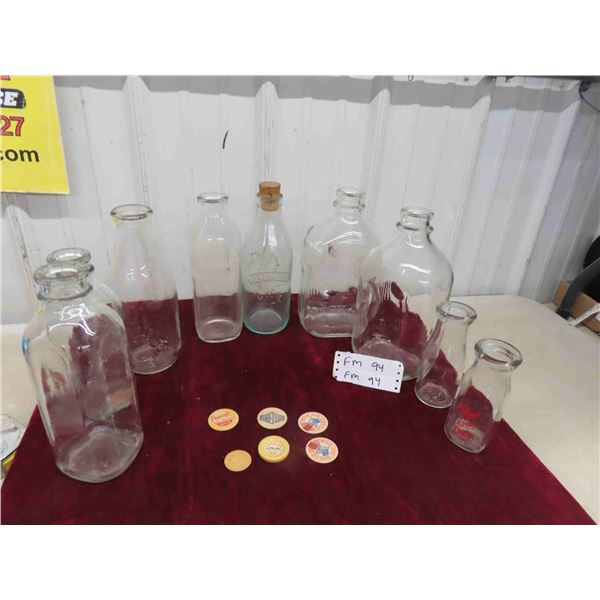 9 Milk/Cream Bottles - Half with Labels , Some Toppers 