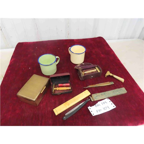 Straight Shaving Blades , Old Razors with Cases , Enamel Cups 