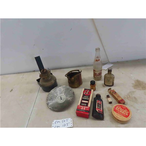 Wall Mount Coal Oil Lamp , Old Product Bottles , Brass Scoop 