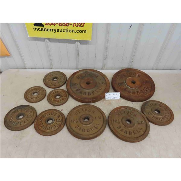 Vintage Weider Barbell Weight Lifting Plates (2) 35lbs , (2) 12 1/2lbs , (1) 7 1/2lbs , (3) 5lbs, 