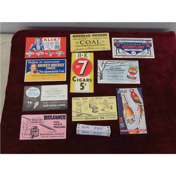 10 Vintage Ink Blotter Advertising Paper Cards : Drewrys , Cigars , Coke 