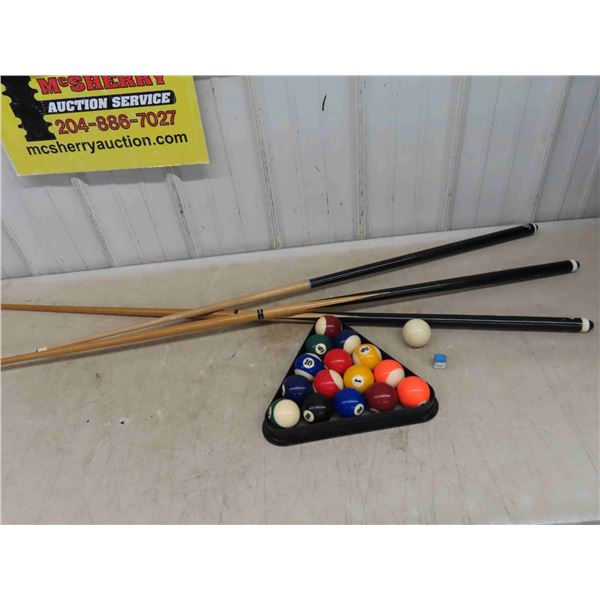 3 Vintage Billiard Cue Sticks , Balls & Rack 
